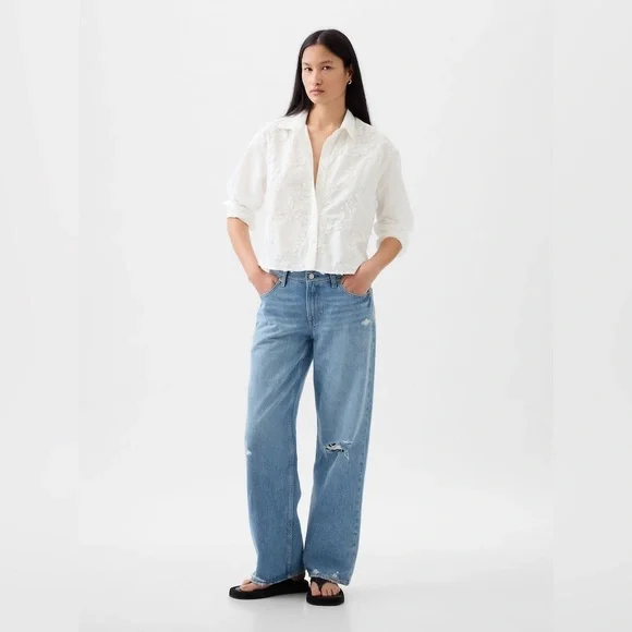 GAP Floral Embroidered Applique Button-up Cropped Shirt White Size Small - Picture 4 of 11